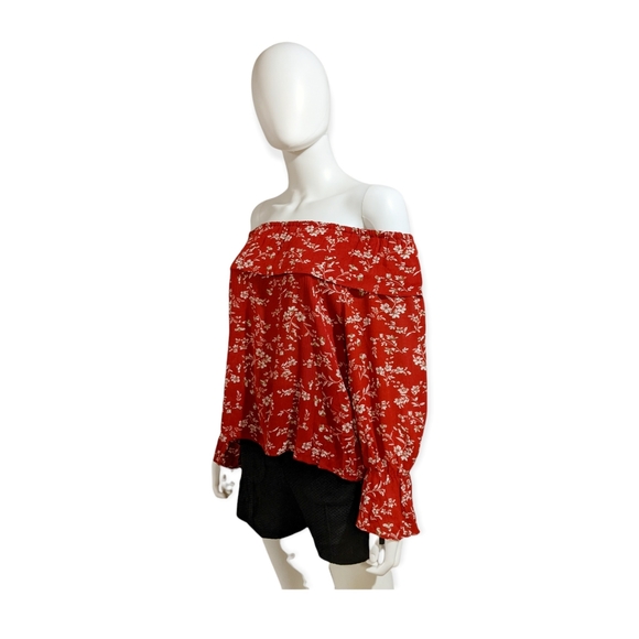 New Trend Off-Shoulder Long Sleeve Floral Top Dark Red - Picture 8 of 12